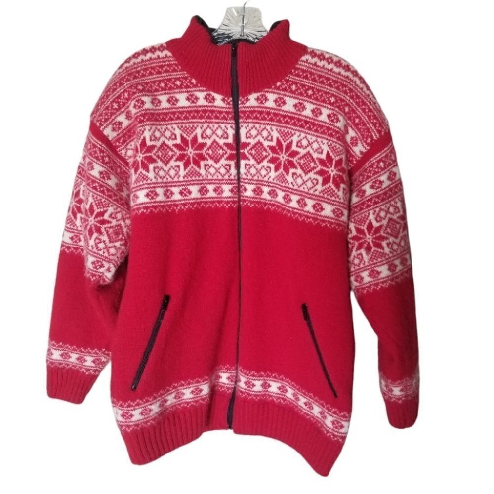 Eskimo Fair Isle Norway Wool Red White Jacket Lined L